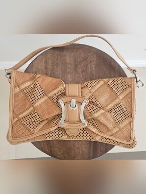 b. makowsky Tan Perforated Patchwork Leather Shoulder Bag with Silver Hardware